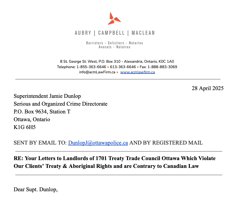 Treaty Council Lawyers send letter to Jamie Dunlop